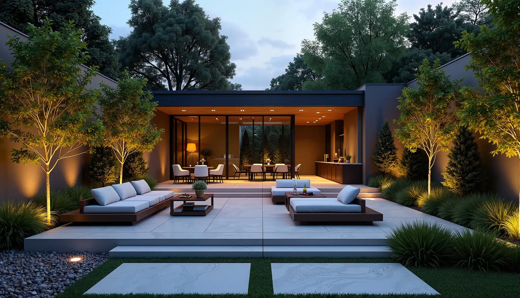 Garden entertaining area at dusk