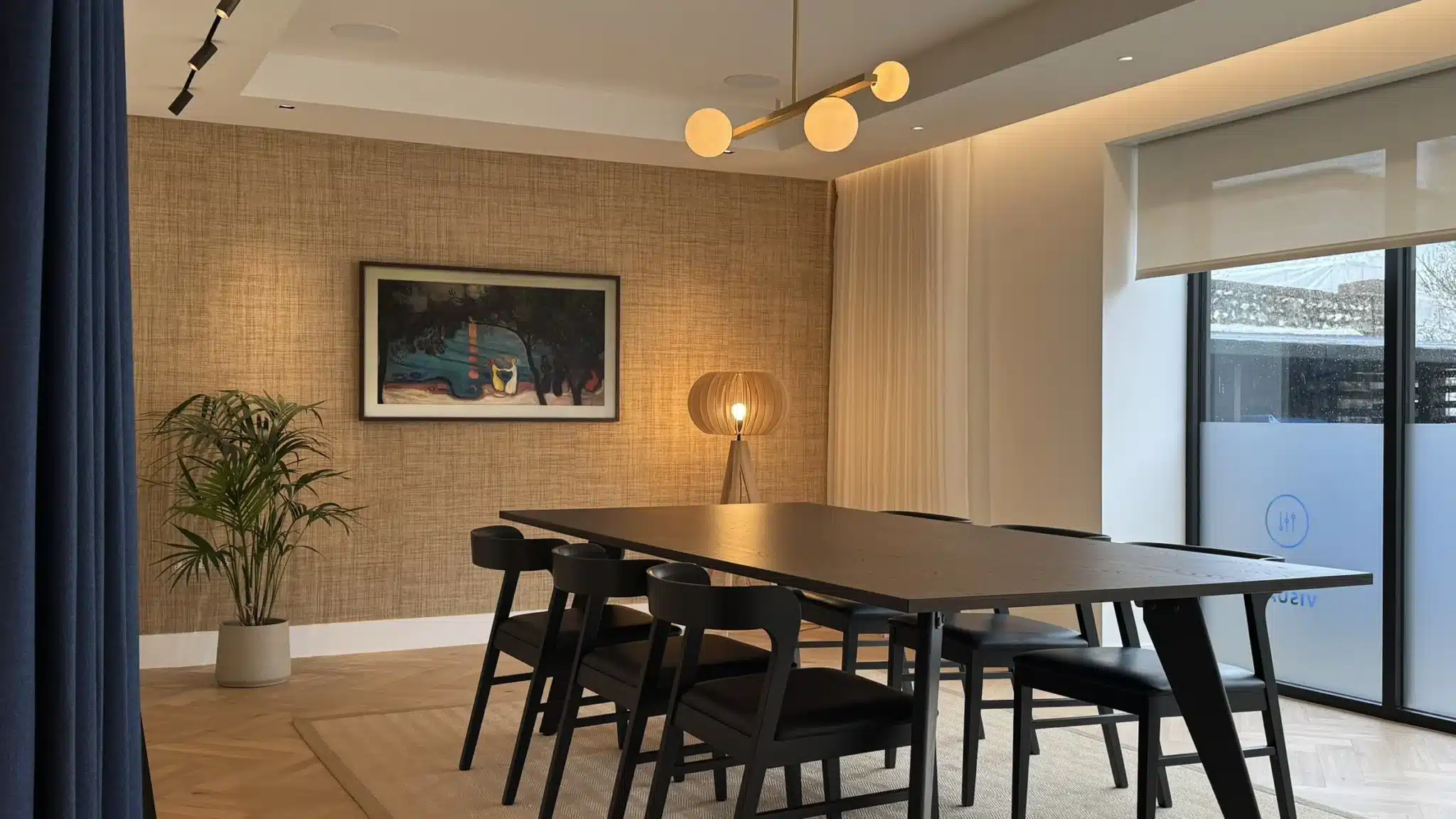 Warm, layered interior lighting highlighting natural materials and textures